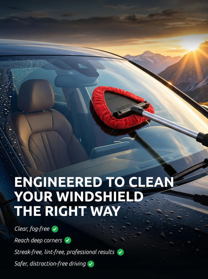Windshield Window Cleaner Tool, Extendable Long-Reach Handle, Unique Pivoting Triangular Head, 3 Washable Reusable Microfiber Bonnets, Car & Home Inside Interior Exterior Use - Lint Free (Red)