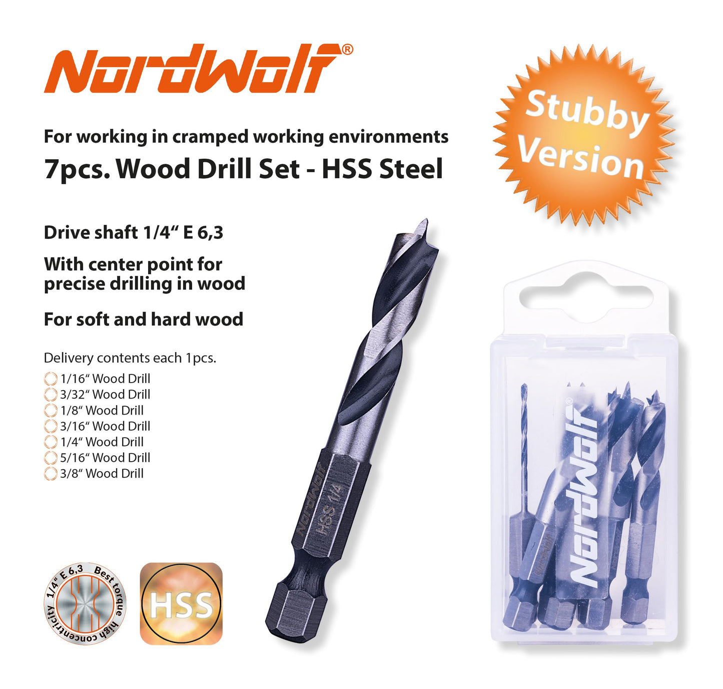NordWolf 7-Piece HSS Brad Point Stubby Wood Drill Bit Set with 1/4" Hex Shank for Carpenter Woodworking, SAE Sizes 1/16"-3/32"-1/8"-3/16"-1/4"-5/16"-3/8"