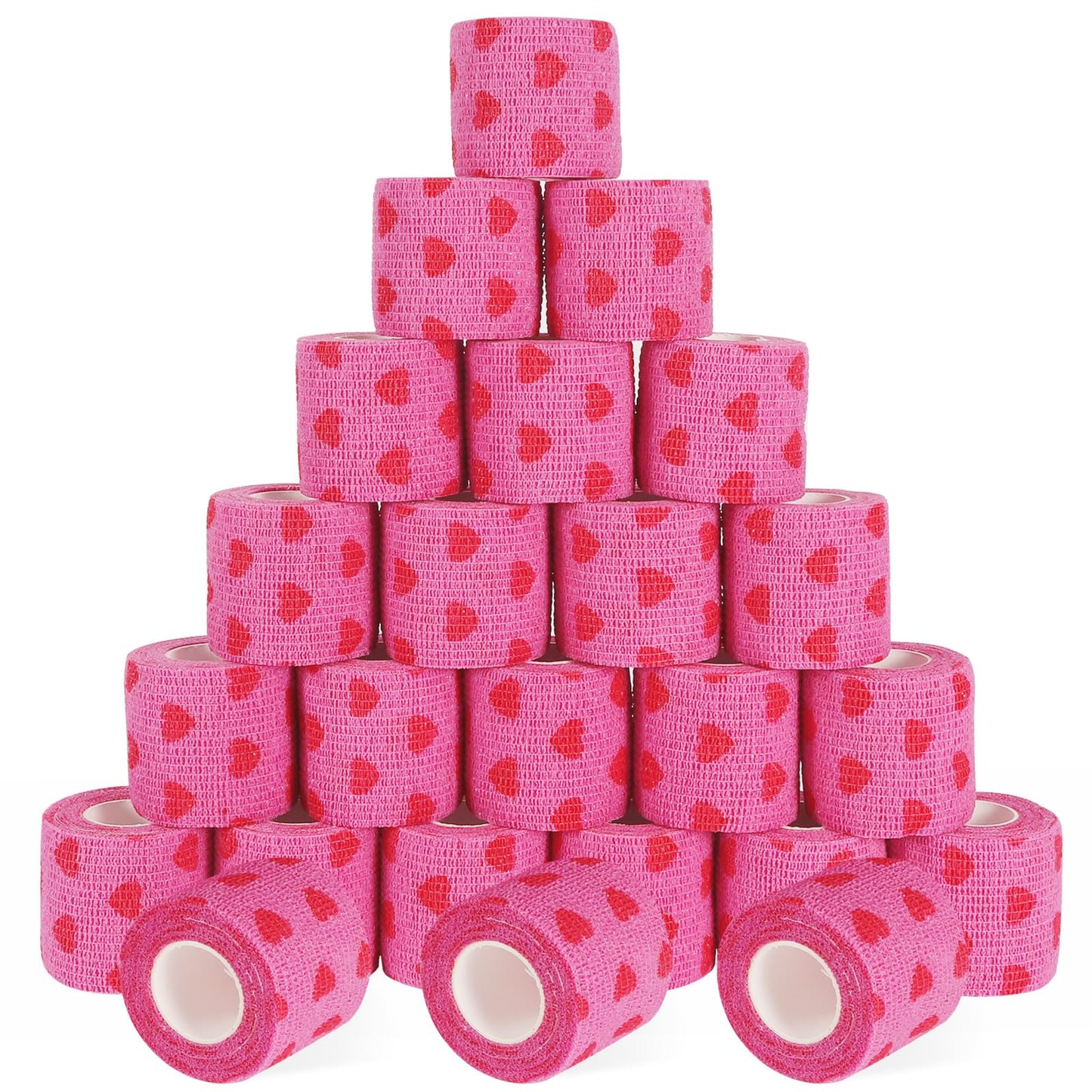 24 Pack Self Adhesive Bandage Wrap, 2” x 5 Yards Cohesive Medical Tape Elastic Grip Tape Black Sports Tape Athletic for Ankle, Wrist Sprains, Pet First Aid (Pink Heart, 2 inch)