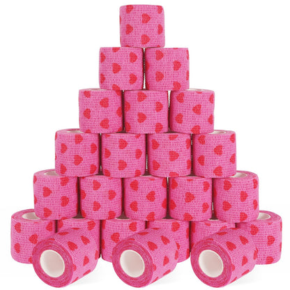 24 Pack Self Adhesive Bandage Wrap, 2” x 5 Yards Cohesive Medical Tape Elastic Grip Tape Black Sports Tape Athletic for Ankle, Wrist Sprains, Pet First Aid (Pink Heart, 2 inch)