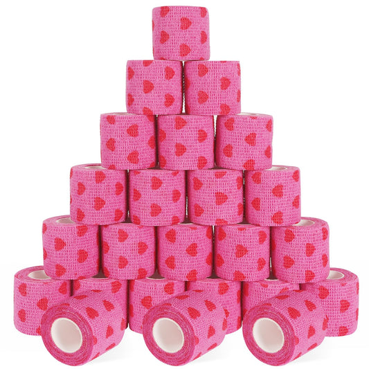 24 Pack Self Adhesive Bandage Wrap, 2” x 5 Yards Cohesive Medical Tape Elastic Grip Tape Black Sports Tape Athletic for Ankle, Wrist Sprains, Pet First Aid (Pink Heart, 2 inch)