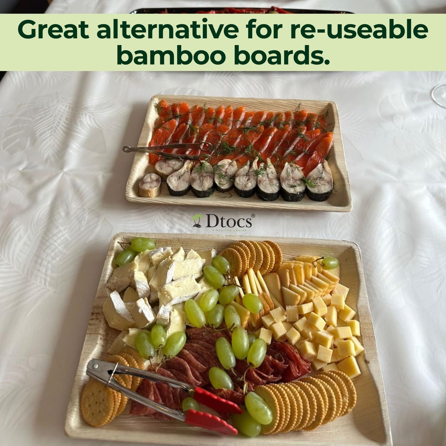 Dtocs Disposable Charcuterie Boards 14x10 Inch (10 Pcs) | Microwavable Disposable Serving Platters, Cheese Board, Party Trays, Serving Boards | Palm Leaf Trays for Catering, Grazing Table Supplies