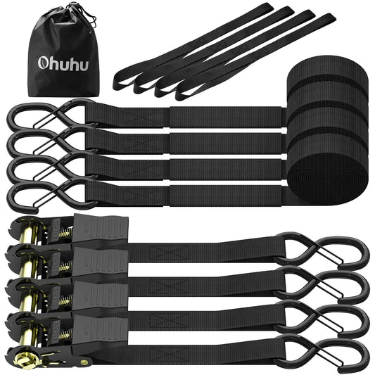 Ratchet Straps, Ohuhu 4 Pack 15 FT Ratchet Tie Down Straps with Safety Clip and 4 Soft Loops, Cargo Straps for Trucks Moving Appliances Motorcycle, 500 lbs Load Cap 1500 lbs Breaking Limit, Black
