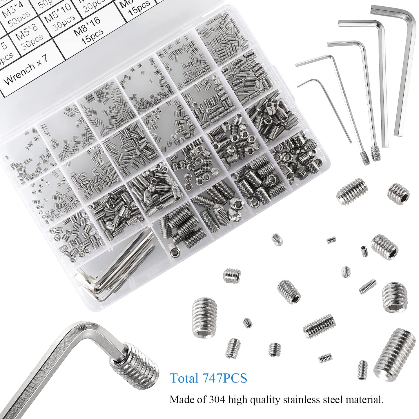 HanTof 747Pcs 21 Sizes Metric M2/M2.5/M3/M4/M5/M6/M8 Allen Head Socket Hex Grub Set Screws,Internal Hex Drive Headless Cup-Point Set Screws Assortment Kit with 7Pcs Hex Wrenches,304 Stainless Steel