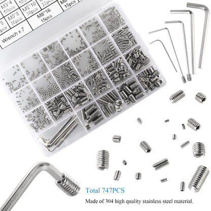 HanTof 747Pcs 21 Sizes Metric M2/M2.5/M3/M4/M5/M6/M8 Allen Head Socket Hex Grub Set Screws,Internal Hex Drive Headless Cup-Point Set Screws Assortment Kit with 7Pcs Hex Wrenches,304 Stainless Steel