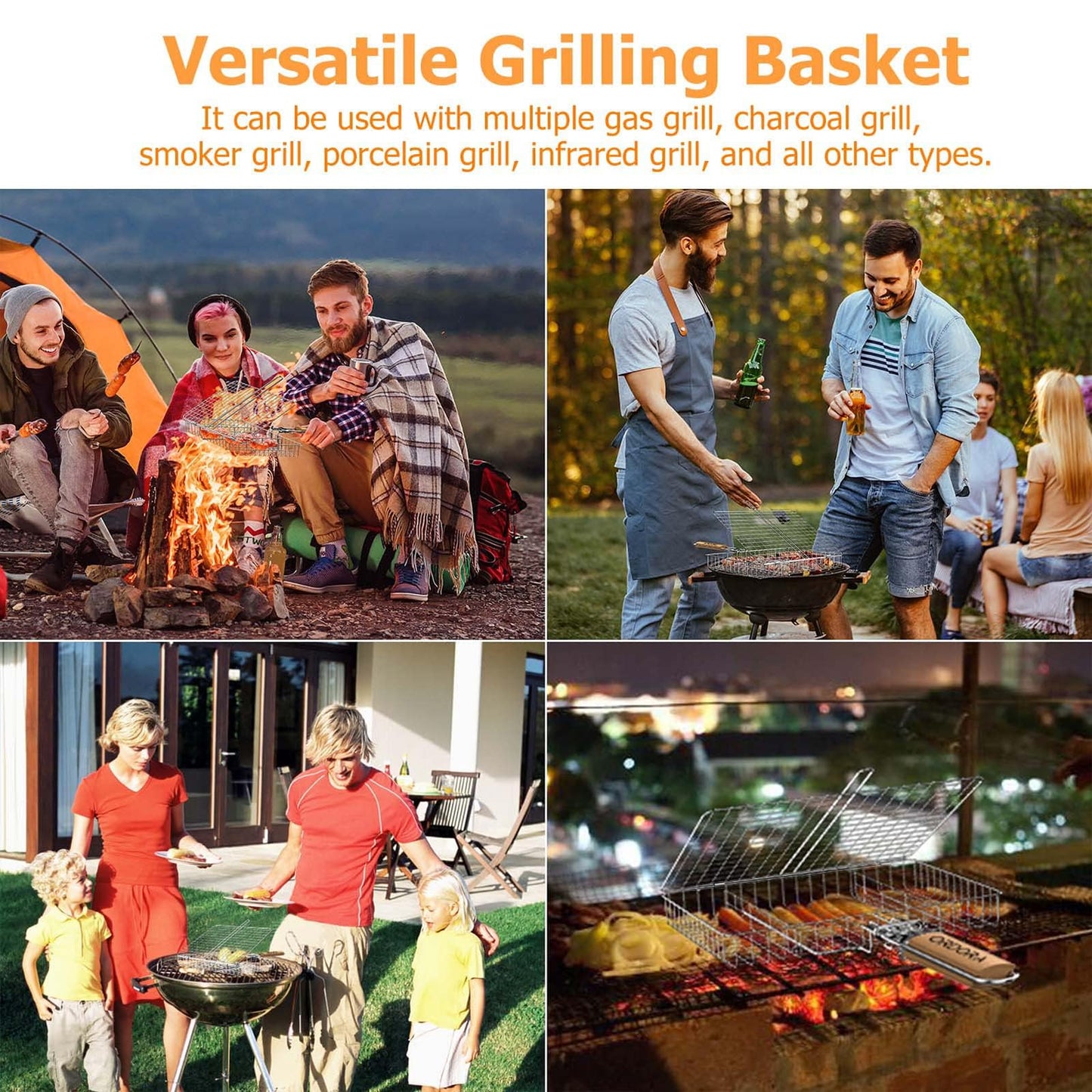 ORDORA Grill Basket, Fish Grill Basket, Rustproof 304 Stainless Steel BBQ Grilling Basket for Meat,Steak, Shrimp, Vegetables, Chops, Heavy Duty Portable Grill Outdoor Camping Grill, Deep