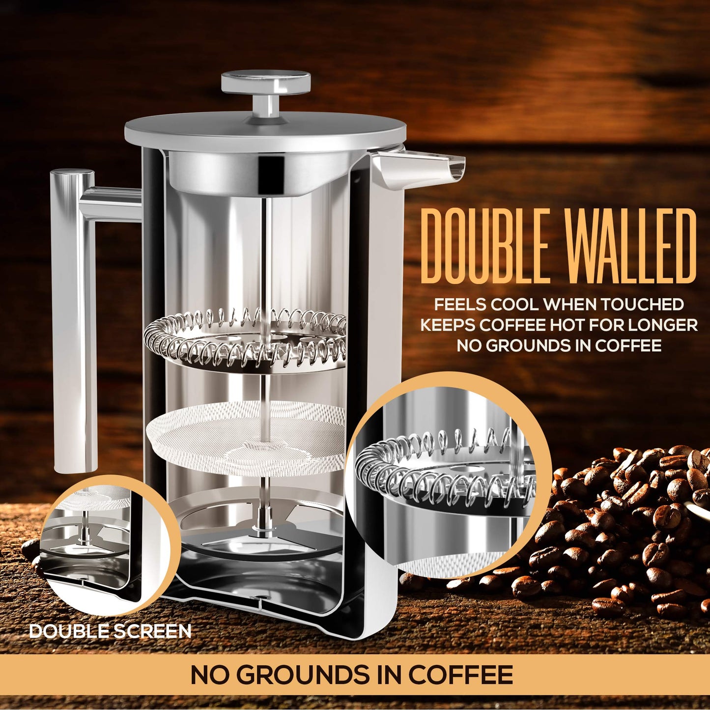 KICHLY 34 OZ French Press, Stainless Steel Double Walled Insulated Coffee Press with Refined Filters, Espresso and Tea Maker - Silver