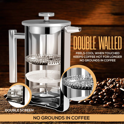 KICHLY 34 OZ French Press, Stainless Steel Double Walled Insulated Coffee Press with Refined Filters, Espresso and Tea Maker - Silver