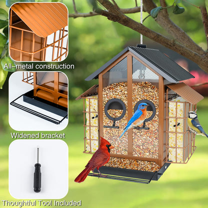 TayePin Bird Feeders for Outdoors Hanging, Metal Wild Bird Feeders with Double Suet Cage, 4LBS Large Capacity for Outside Garden Waterproof, ldeal Gifts for Birds Watching Finch Cardinal, Brown