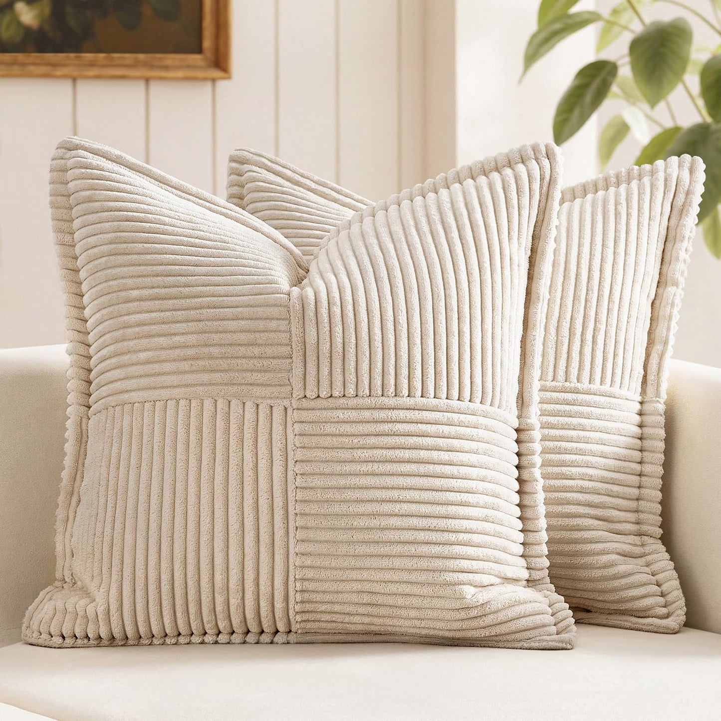 MIULEE Christmas Corduroy Pillow Covers with Splicing Set of 2 Super Soft Broadside Striped Decorative Textured Throw Cases for Cushion Bed Livingroom 18 x 18 inch, Beige