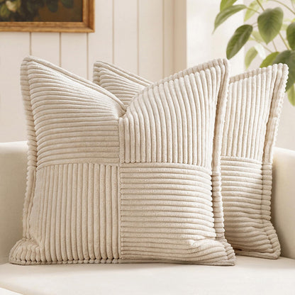 MIULEE Christmas Corduroy Pillow Covers with Splicing Set of 2 Super Soft Broadside Striped Decorative Textured Throw Cases for Cushion Bed Livingroom 18 x 18 inch, Beige