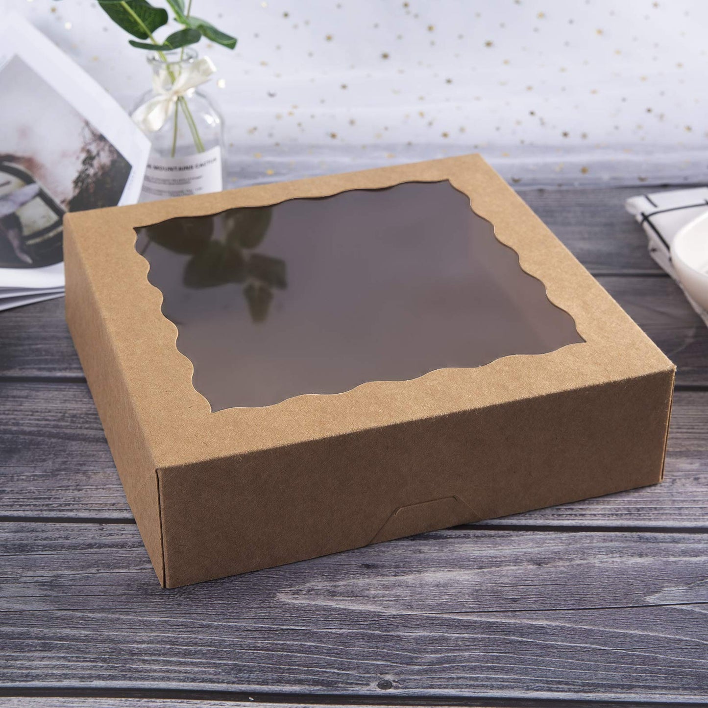 [15pcs]9inch Kraft Bakery Boxes,ONE MORE Large Pie Boxes with PVC Window Natural Disposable box for Cookie 9x9x2.5inch,15 of Pack