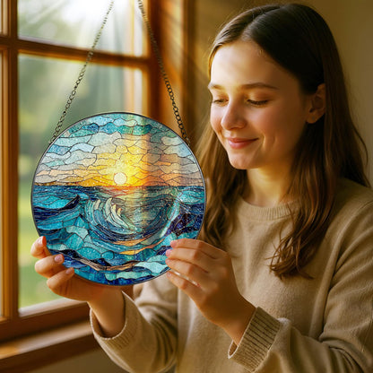 Stained Glass Window Hanging, Pauyadu 8 Inch Beach Stained Glass Suncatcher, Window Decoration Hanging, Sunrise Lover Gift, Natural Gift, Beach Home Decor, Gifts for Family, Friends, Colleagues