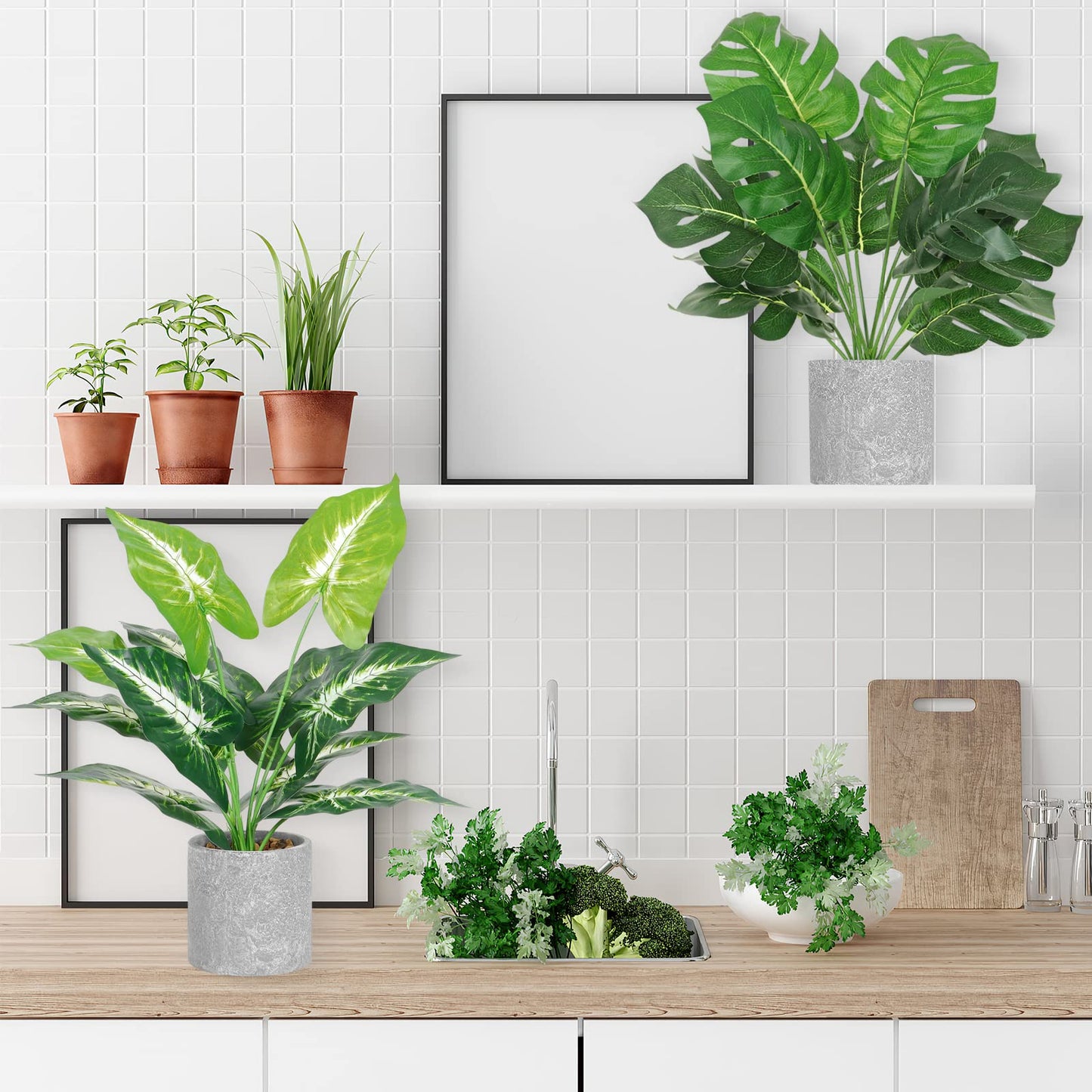Dremisland 2Pack Artificial Potted Plant 16" Tall Faux Monstera Potted Plants with Gray Pot Fake Greenery Plants Decor for Home Office Table Desk Living Room Shelves Bathroom (Taro and Monstera)