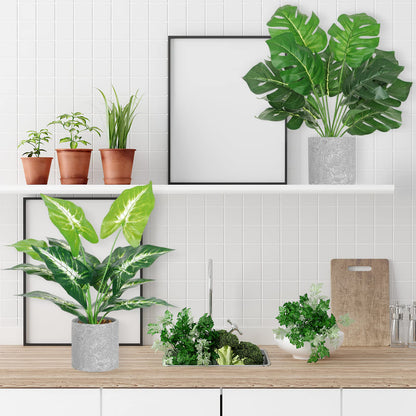 Dremisland 2Pack Artificial Potted Plant 16" Tall Faux Monstera Potted Plants with Gray Pot Fake Greenery Plants Decor for Home Office Table Desk Living Room Shelves Bathroom (Taro and Monstera)