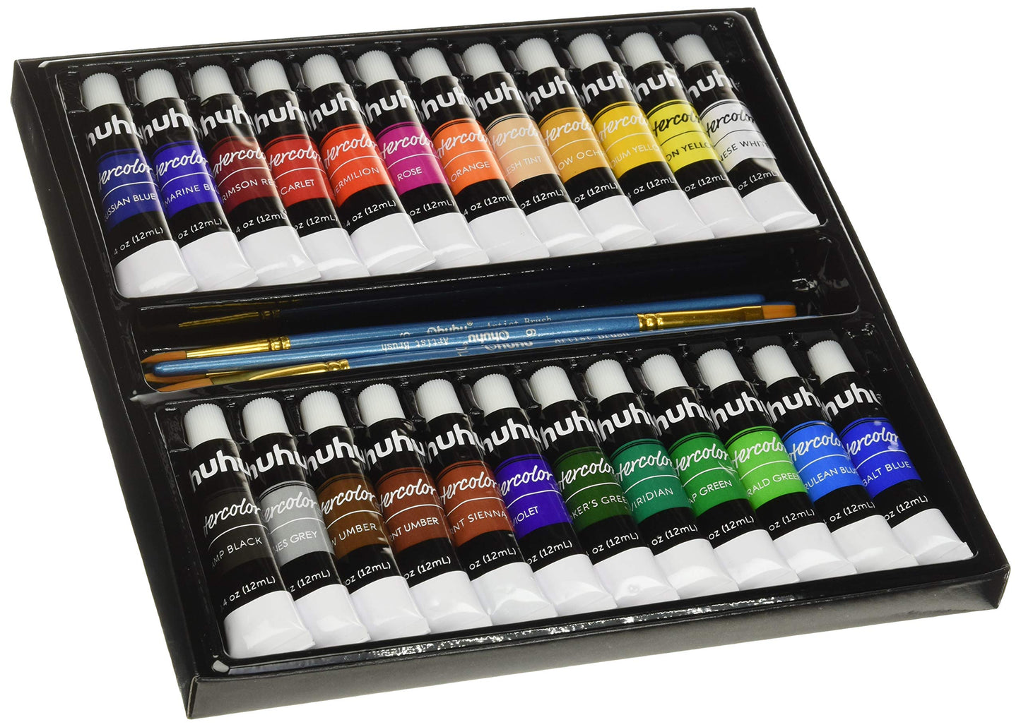 Ohuhu Watercolor Paint Set 24 Premium Quality Art Watercolors Painting Kit (12 ml, 0.42 oz.) with 6 Painting Brushes for Artists, Students Beginners for Landscape Painting