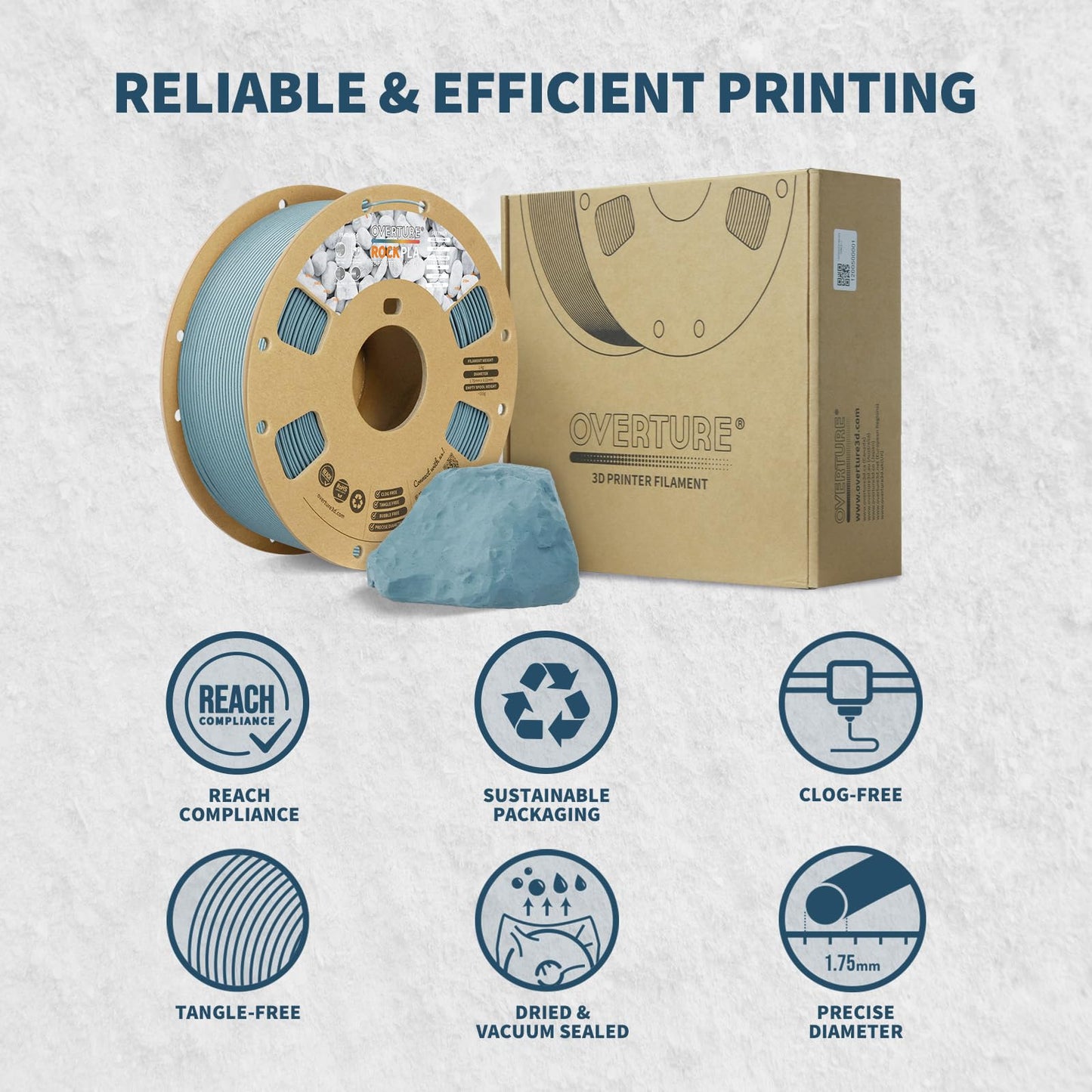 OVERTURE Rock PLA Filament 1.75mm, Marble PLA 3D Printer Filament 1kg Spool (2.2lbs), Dimensional Accuracy +/- 0.02 mm, Fit Most FDM Printer (Haze Gray)