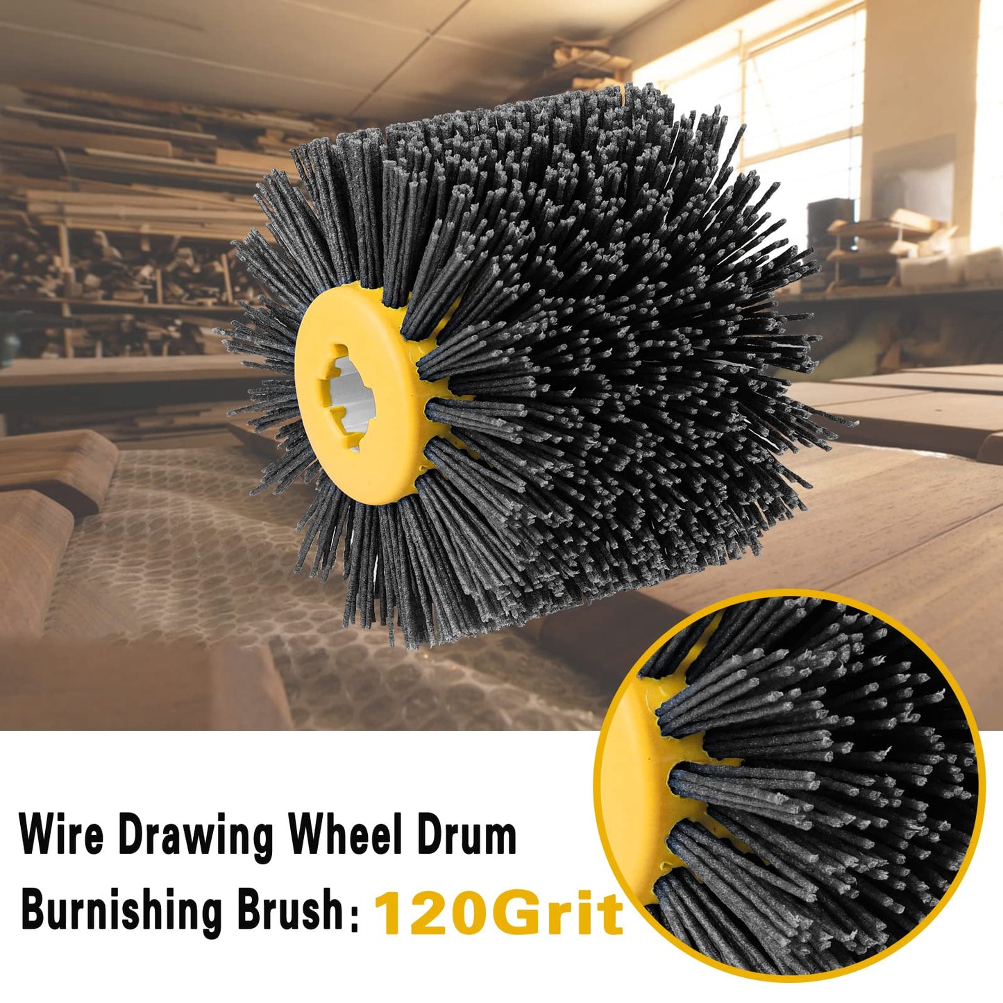 Shineboc Abrasive Nylon Wire Drawing Brushes, 120 Grit 120x100mm Wheel Drum Burnishing Tool Polishing Brush Wooden Wheels for Wood Furniture Working Surface Conditioning Tool (120 Grit)