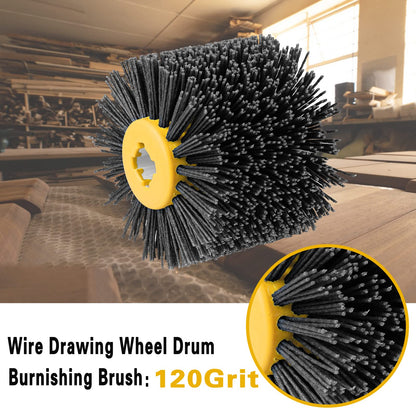 Shineboc Abrasive Nylon Wire Drawing Brushes, 120 Grit 120x100mm Wheel Drum Burnishing Tool Polishing Brush Wooden Wheels for Wood Furniture Working Surface Conditioning Tool (120 Grit)