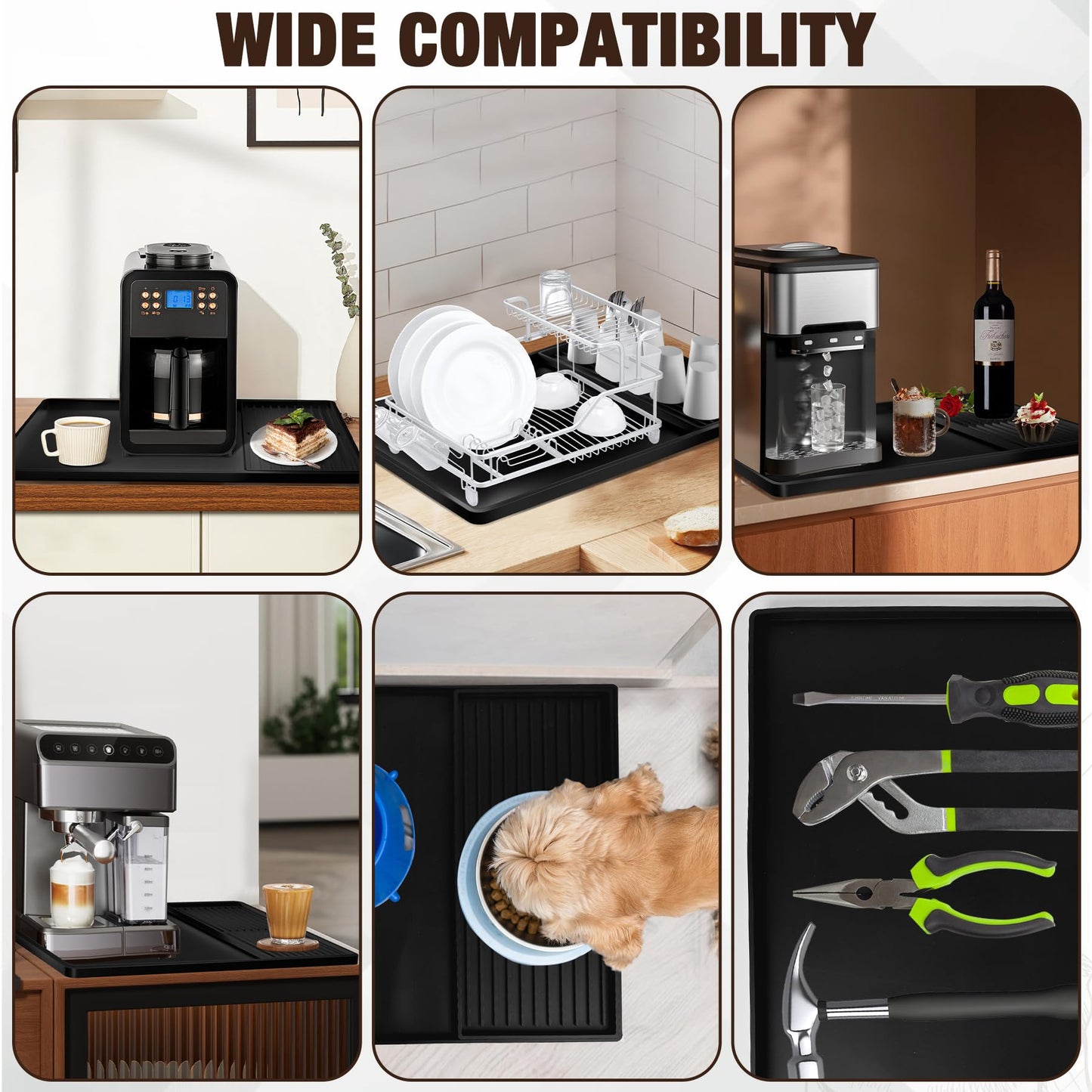 Tottist Silicone Coffee Mat, 24-in x 16-in Coffee Bar Mat with Removable Dishwasher Drying Mat for Countertops, Coffee Bar Accessories Fit Under Coffee Maker Espresso Machine, Dish Drying Mat (Black)