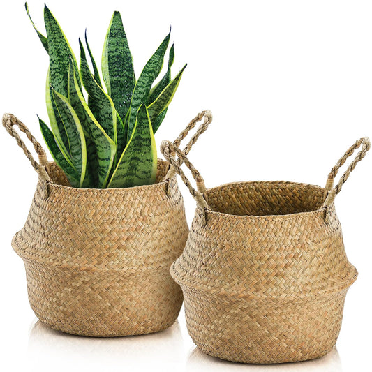 Yesland 2 Pack Woven Seagrass Plant Basket with Handles, Ideal Storage Plant Pot Cover for Laundry, Picnic, Beach Bag and Grocery Basket (L)