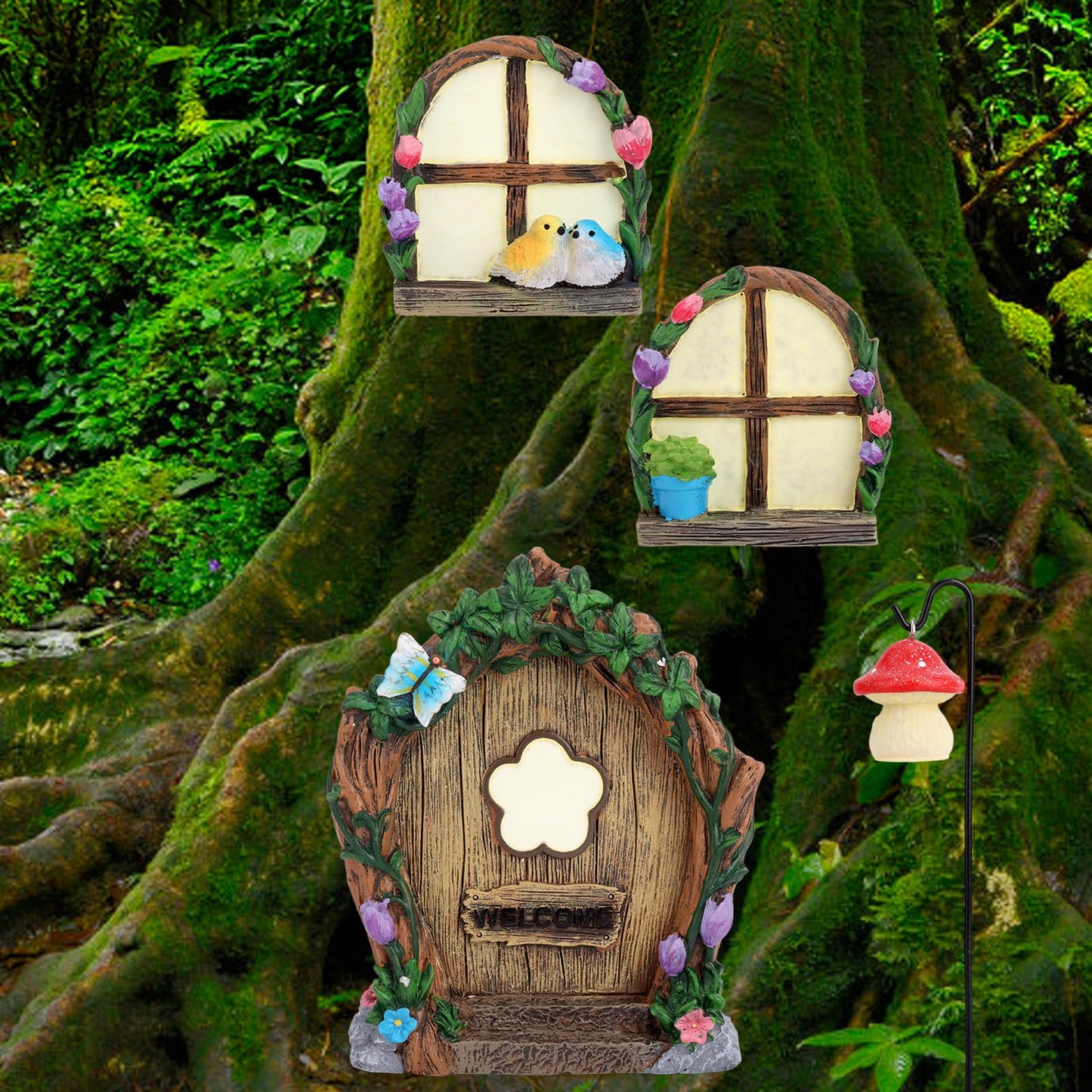 4pcs Fairy Door Windows & Lantern Set for Tree, Glow-in-The-Dark Miniature Fairy Garden Accessories for Outdoor Lawns Yard Landscape Gnome House Garden Decor