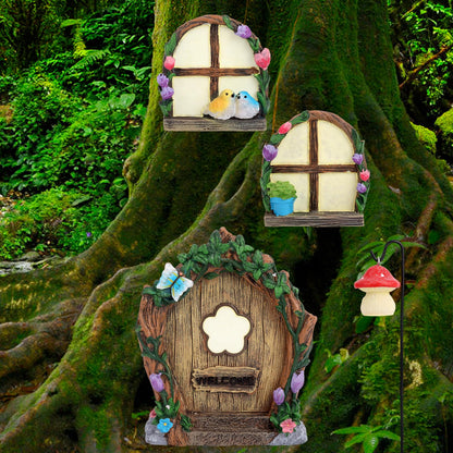 4pcs Fairy Door Windows & Lantern Set for Tree, Glow-in-The-Dark Miniature Fairy Garden Accessories for Outdoor Lawns Yard Landscape Gnome House Garden Decor