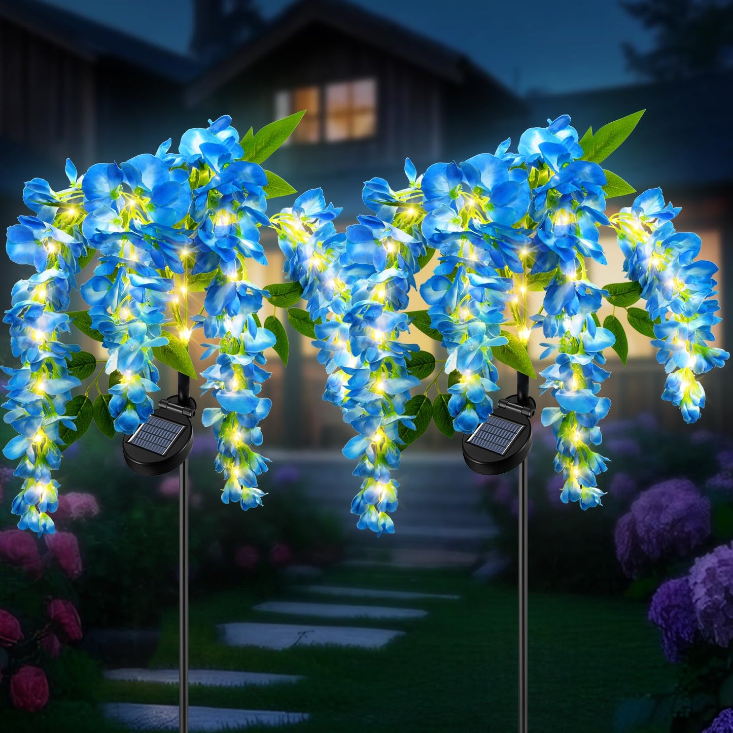 Fohil 2 Pack Solar Garden Lights, Solar Blue Wisteria Flower Lights, 2Lighting Mode Waterproof Solar Lights Outdoor Decoration for Garden Yard Pathway Grave Landscape