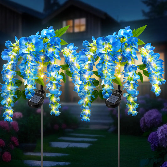 Fohil 2 Pack Solar Garden Lights, Solar Blue Wisteria Flower Lights, 2Lighting Mode Waterproof Solar Lights Outdoor Decoration for Garden Yard Pathway Grave Landscape