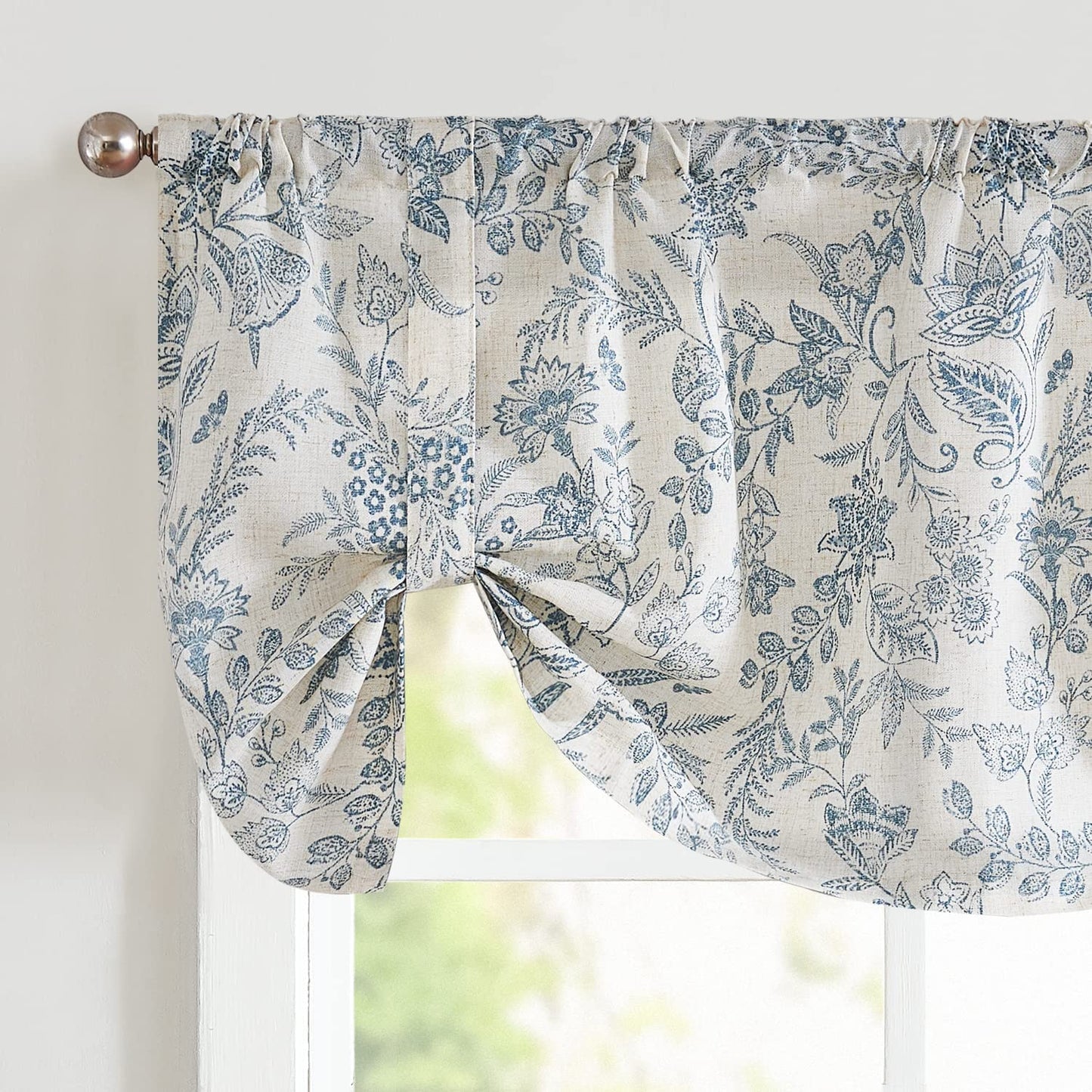 Lazzzy Kitchen Valance Curtain Linen Floral Farmhouse Tie Up Valance for Cafe Bathroom Bedroom Small Window Treatments Curtain 20 Inch Long Rod Pocket 1 Panel Blue on Beige