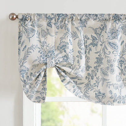 Lazzzy Kitchen Valance Curtain Linen Floral Farmhouse Tie Up Valance for Cafe Bathroom Bedroom Small Window Treatments Curtain 20 Inch Long Rod Pocket 1 Panel Blue on Beige