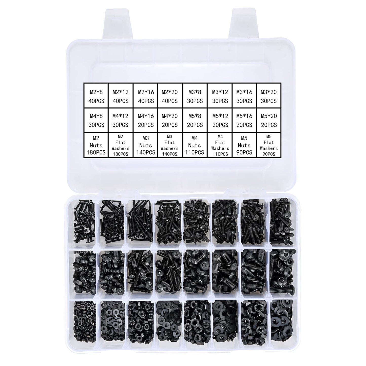 PGMJ 1500Pcs M2 M3 M4 M5 Hex Screws Nuts Washers Kit, 12.9 Grade Alloy Steel Screw and Bolt Assortment Sets (K14-1500 M2 M3 M4 M5 Button Head(Black))