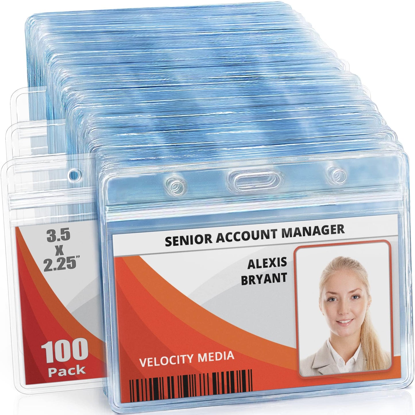 MIFFLIN Horizontal ID Name Badge Holder (Clear, 90x60 mm, 100 Pack), Waterproof and Resealable Plastic Card Holders