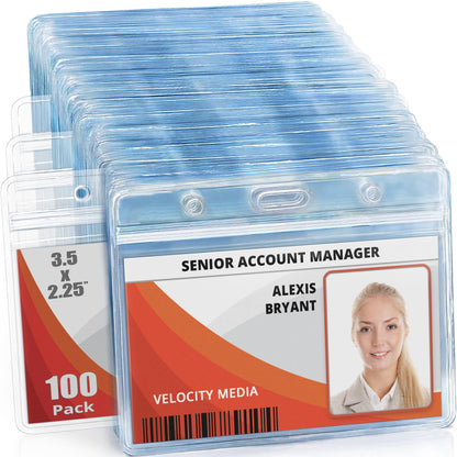 MIFFLIN Horizontal ID Name Badge Holder (Clear, 90x60 mm, 100 Pack), Waterproof and Resealable Plastic Card Holders