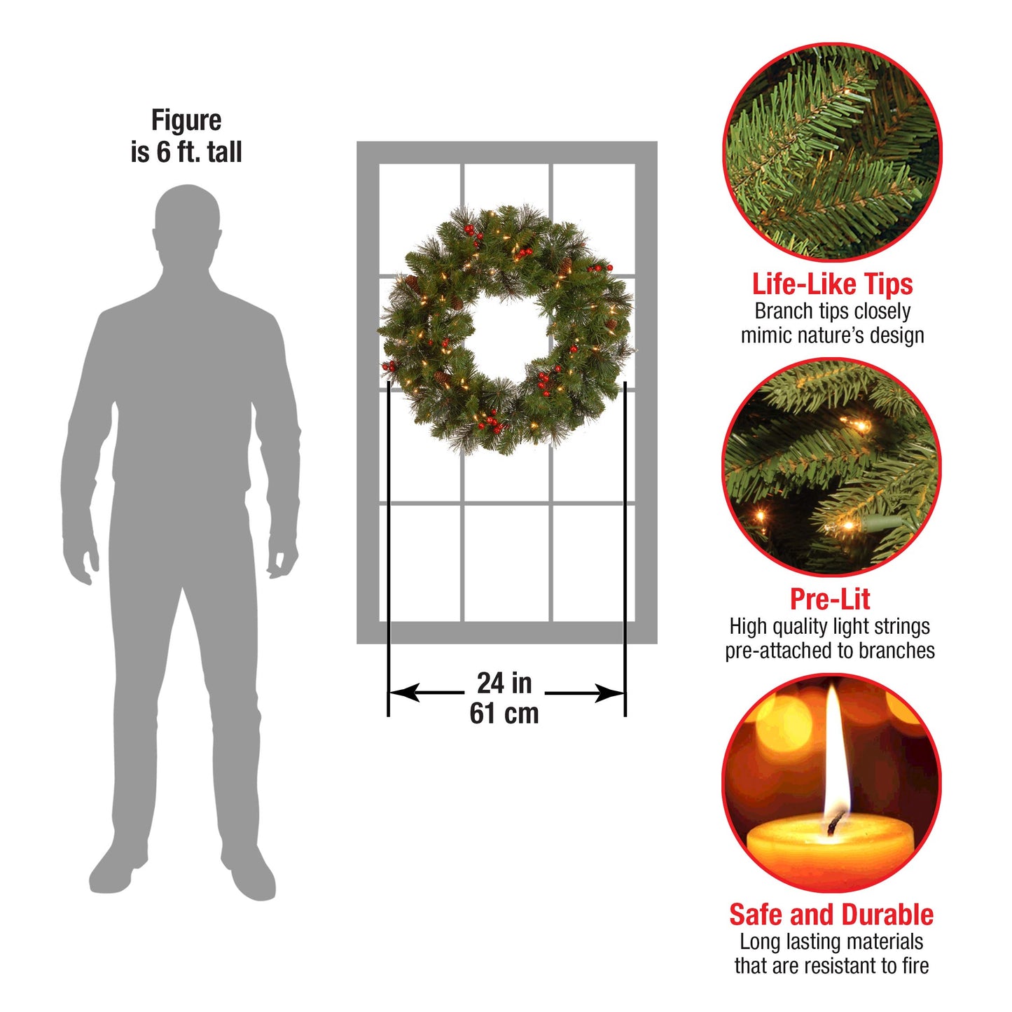National Tree Company 24 in Pre-Lit Crestwood Spruce Artificial Christmas Wreath, Christmas Decoration with Glitter, Pinecones, Red Berries, 50 Clear LED Lights, 160 Tips, Timer, Green
