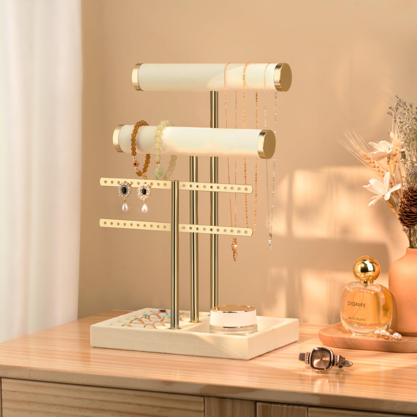 3 Tier Bracelet Holder Display - Beige Velvet Jewelry Organizer Stand, Detachable T Bar Jewelry Holder for Bracelet, Necklace, Watches, Rings, Earrings