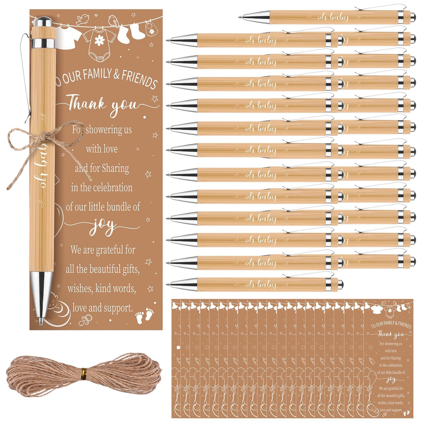 36 Sets Baby Shower Favors for Guests Bamboo Retractable Ballpoint Pens Thank You Cards with Hemp Rope for Gender Reveal Party Game Prizes Souvenirs (Baby Shower)