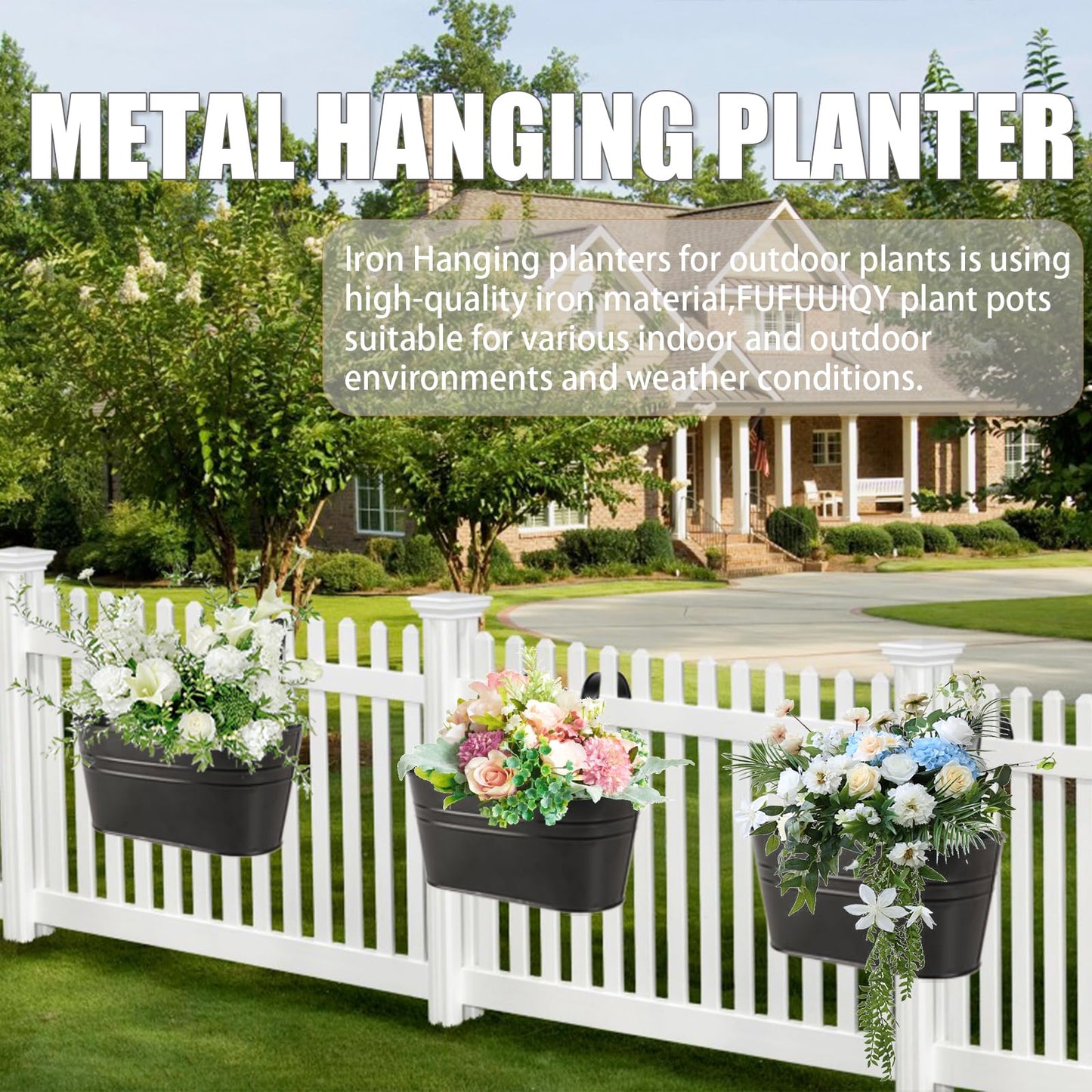 4 Pack Metal Iron Hanging Flower Pots 11 Inch Railing Fence Hanging Bucket Pots with Detachable Hooks Countryside Style Window Railing Planter Box for Garden Balcony Outdoor Decors(Black)