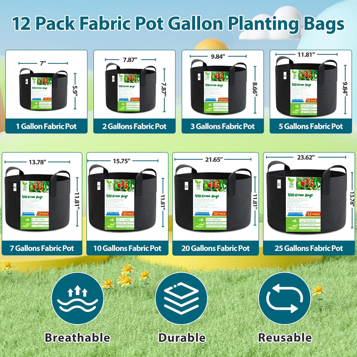 BOGI Grow Bags 12 Pack 5 Gallon Grow Bags Heavy Duty Thickened Nonwoven Grow Bag with Durable Habdles Fabric Pot for Vegetable Flower Potato Garlic Indoor Outdoor Plants + 12 Waterproof Plant Labels