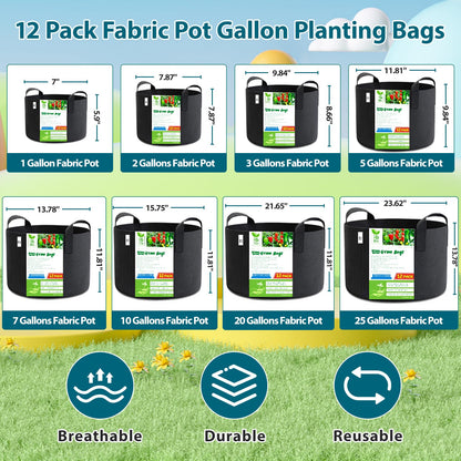BOGI Grow Bags 12 Pack 5 Gallon Grow Bags Heavy Duty Thickened Nonwoven Grow Bag with Durable Habdles Fabric Pot for Vegetable Flower Potato Garlic Indoor Outdoor Plants + 12 Waterproof Plant Labels