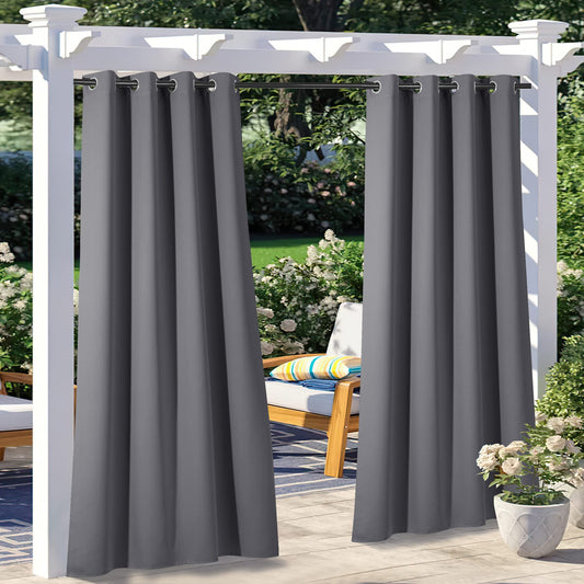 NICETOWN Waterproof Outdoor Curtains 2 Panels for Patio - Rustproof Silver Grommet Thermal Insulated Curtain for Outdoor Party/Porch Decor(Grey, W52 x L84 Inch)