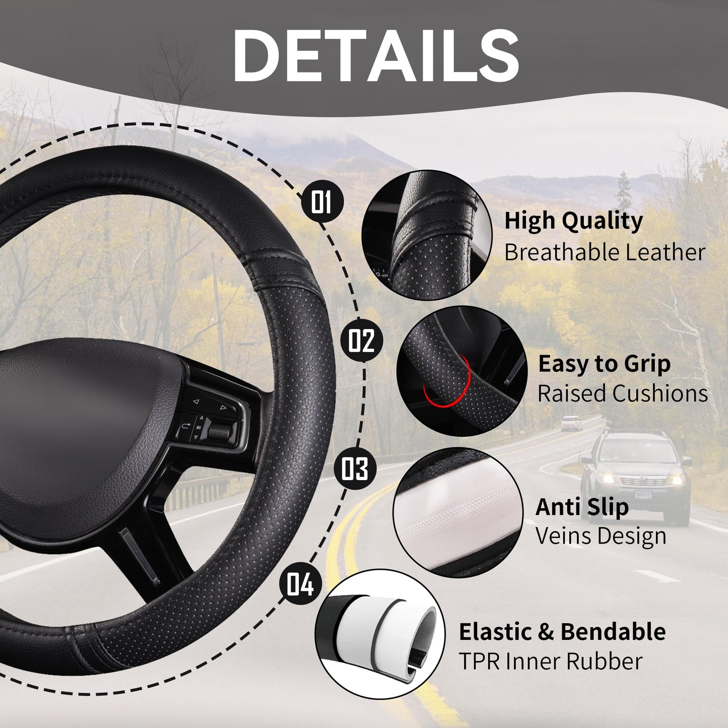 CAR Pass Classical Leather Automotive Universal Steering Wheel Covers (Black)