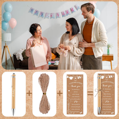 36 Sets Baby Shower Favors for Guests Bamboo Retractable Ballpoint Pens Thank You Cards with Hemp Rope for Gender Reveal Party Game Prizes Souvenirs (Baby Shower)