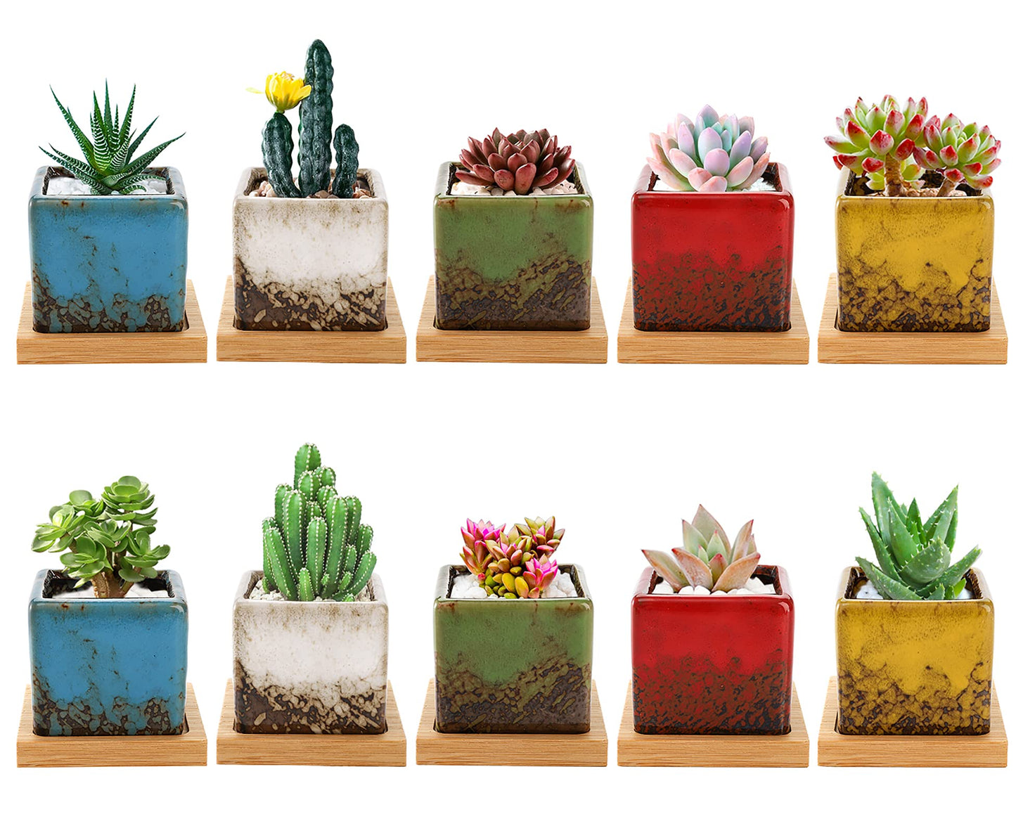 TOPZEA Set of 10 Succulent Planter Pots, 2 Inch Square Ceramic Glazed Cactus Plant Pot Tiny Flower Container with Drainage Hole & Bamboo Tray for Desk, Windowsill, Home Decor, Coffee Bar