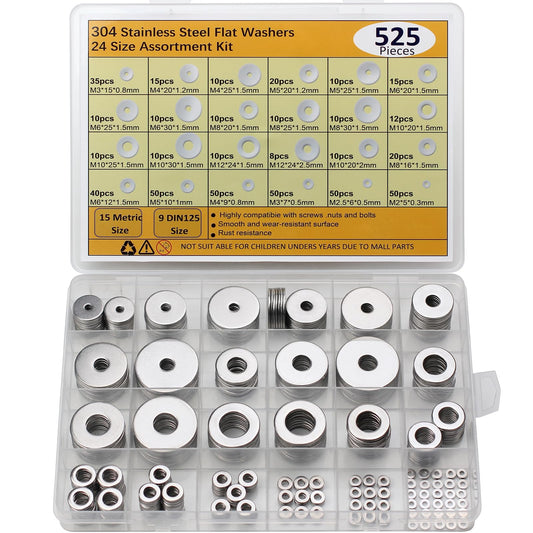 Asherxin 525pcs Fender Washers 304 Stainless Steel Flat Washers 24 Sizes DIN125+Metric Assorted Washers Set Assortment Washer Kit for Screws Bolts (M2-M12 DIN125 Size &M3-M12 Metric Size)
