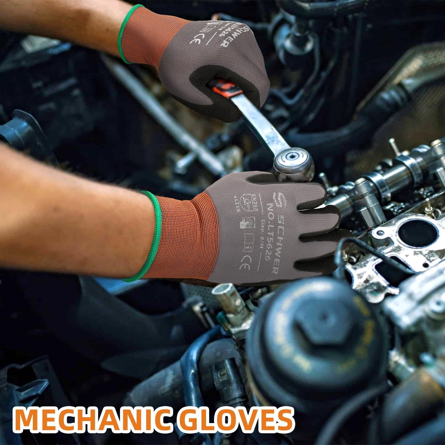 Schwer Lite Sandy Nitrile Coated Work Gloves LT5626, Work Gloves with Grip Touch Screen Compatible for General Purposes Automotive Electronic Assembly, Grey, L, 6 Pairs