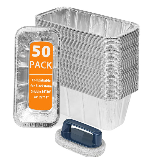 50 Pack Drip Pan Liners for Blackstone Griddle 36" 30" 28" 22" 17", a Cleaning Brush, Aluminum Disposable Grease Drip Cup Liners, Grease Catcher Trays,Griddle Accessories for Outdoor Cooking