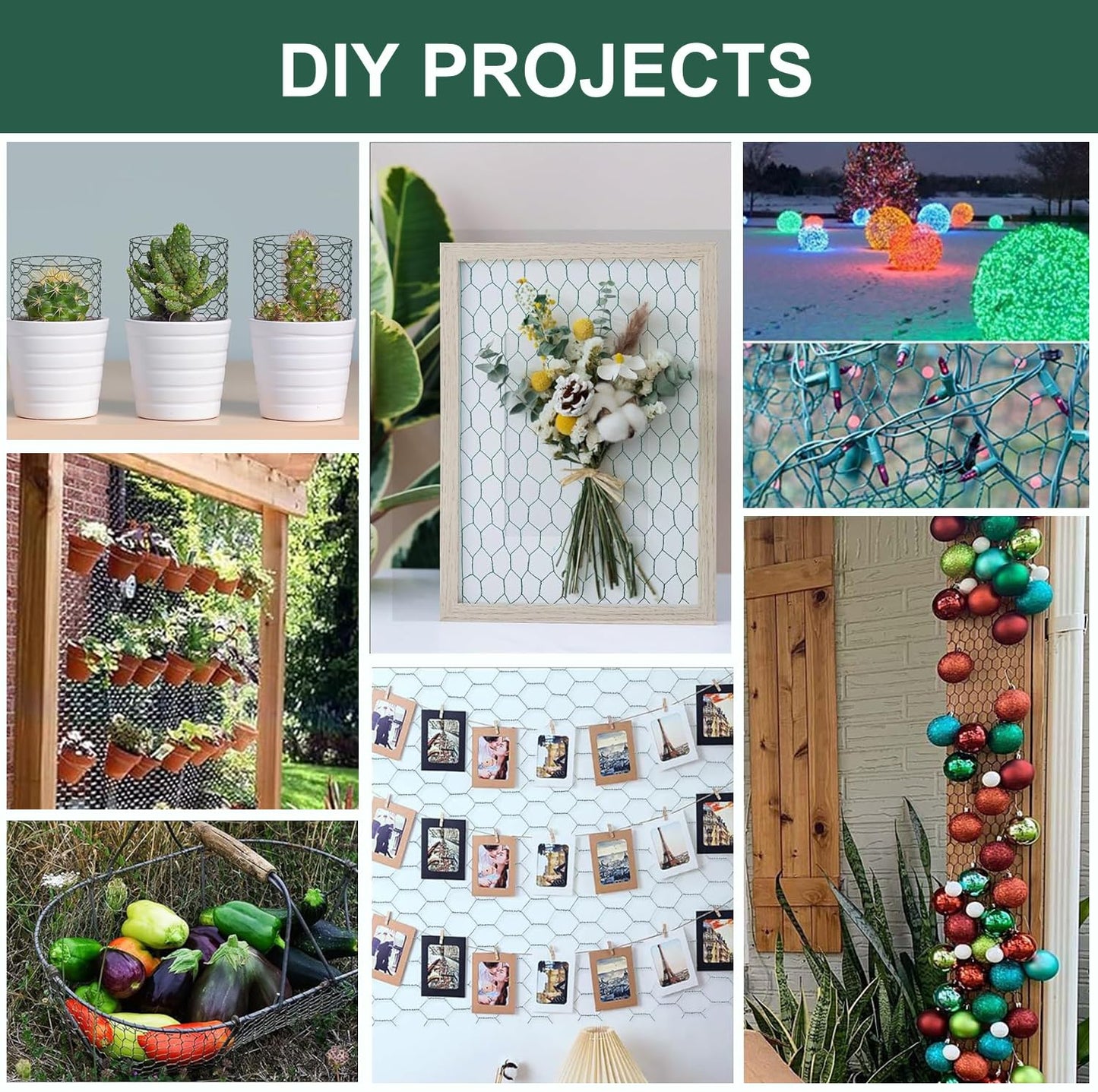 Chicken Wire for Floral Arrangements, 16 x 236 Inches Green Floral Chicken Wire Mesh, 0.6 Inch Hexagonal Galvanized PVC Coated Garden Mesh Netting Fence for Crafts Poultry Garden with 100pcs Ties