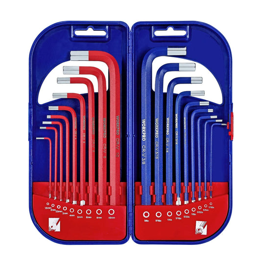 WORKPRO 18-Piece Hex Key Allen Wrench Set SAE/Metric Long Arm with Portable Box, Chrome Vanadium Steel