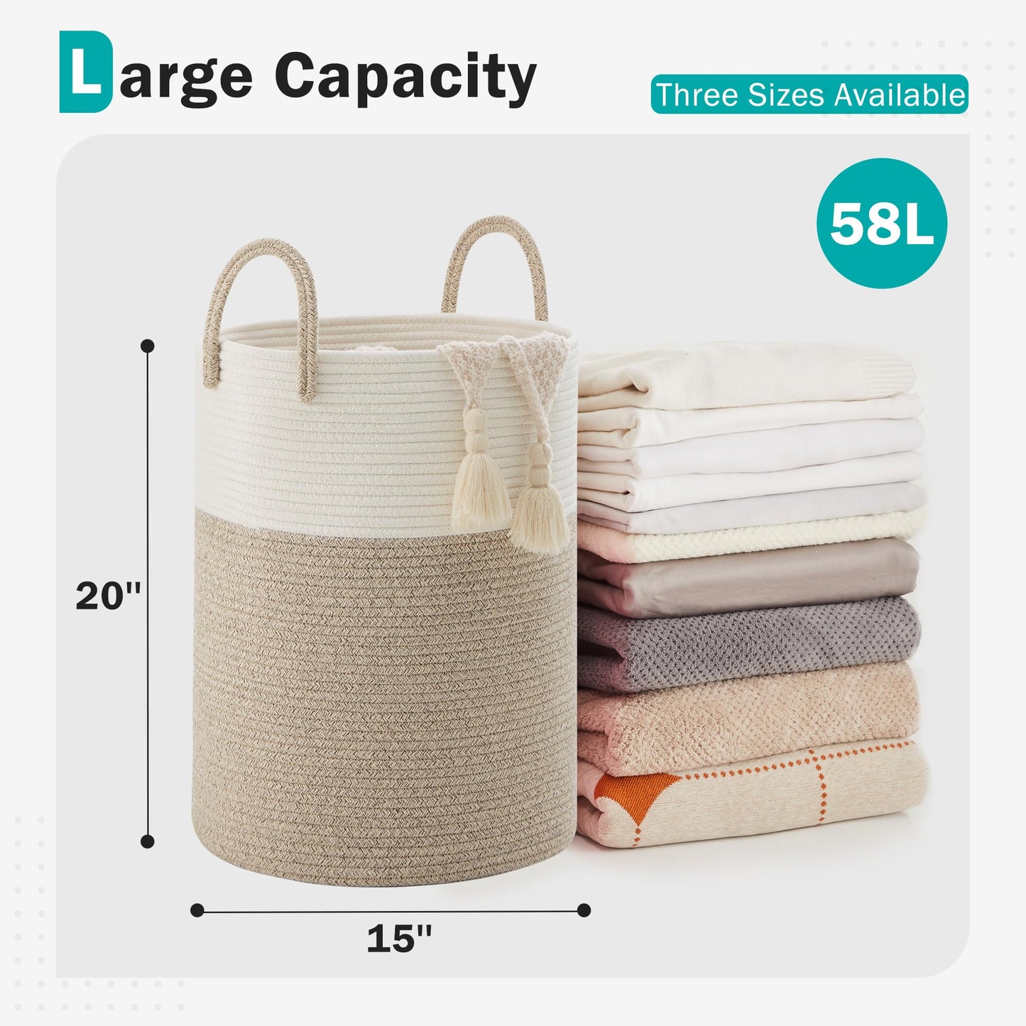 Cotton Rope Laundry Hamper by YOUDENOVA, 58L - Woven Collapsible Laundry Basket - Clothes Storage Basket for Blankets, Laundry Room Organizing, Bedroom Storage, Clothes Hamper – Brown